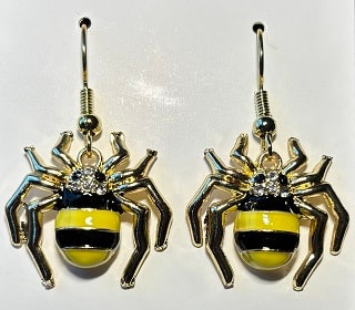 Gold spider earrings with yellow striped body